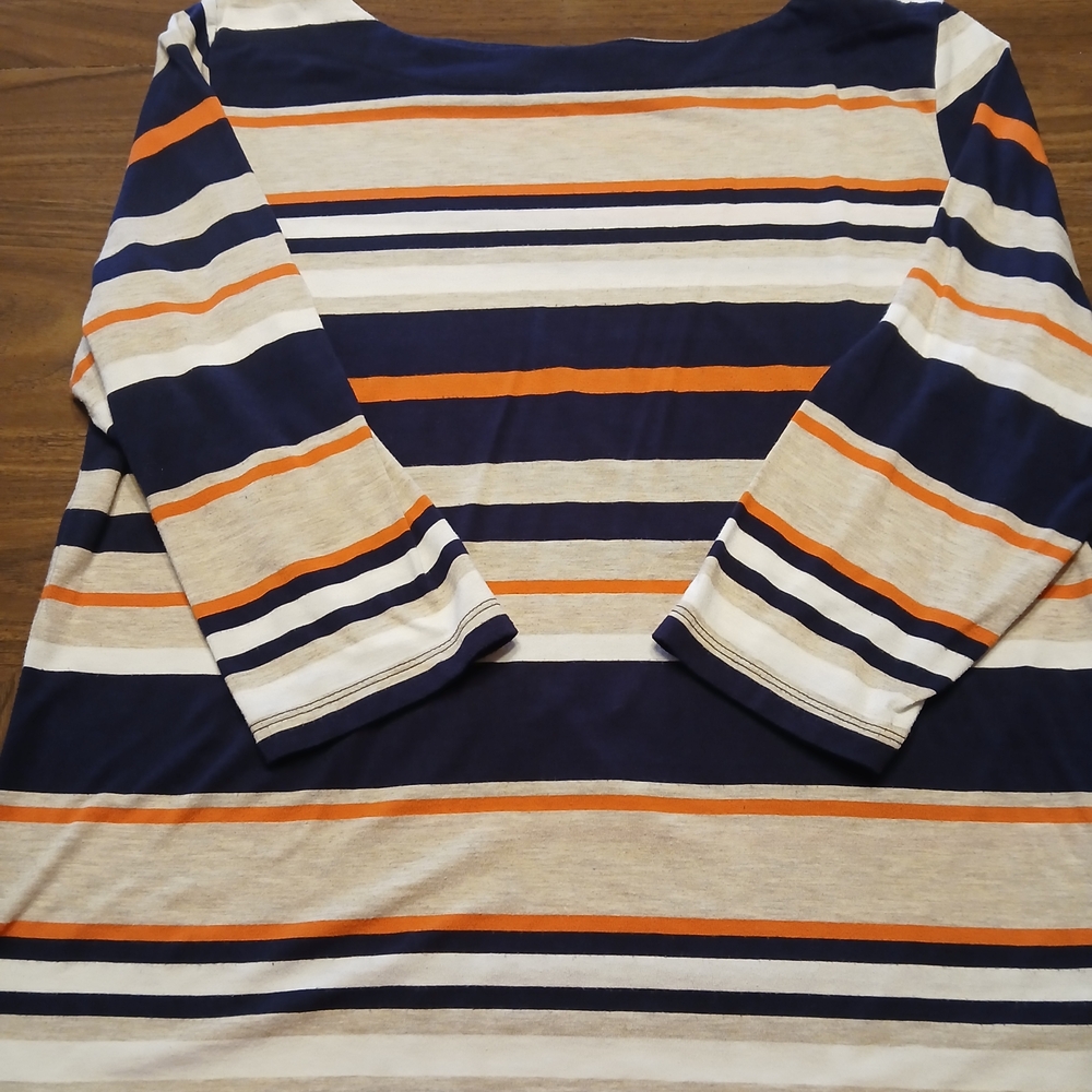 Liz Claiborne Striped Long Sleeve Top in Navy, Orange, and Cream